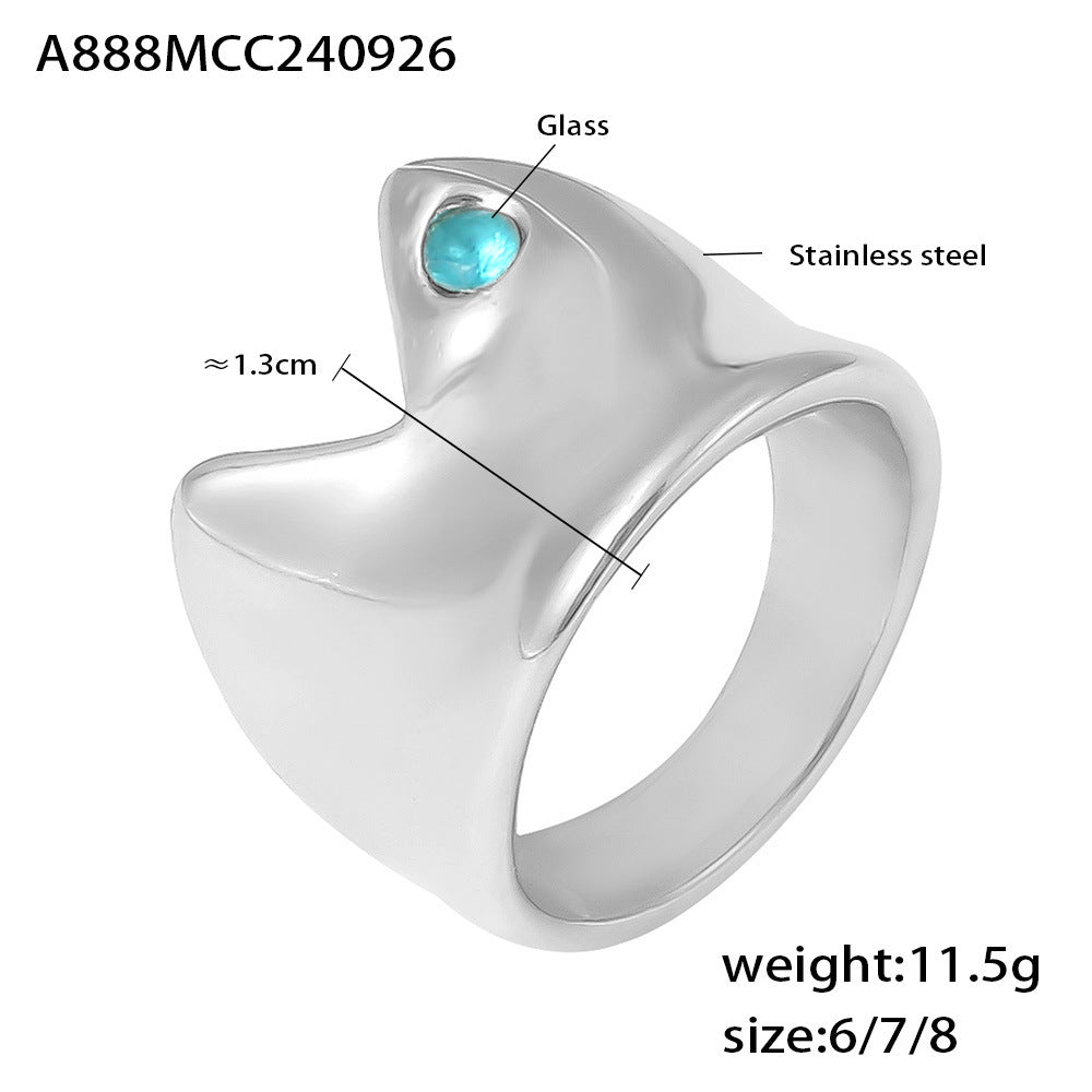 B廠【A888】歐美跨國幾何圓弧凹面黏藍玻璃石戒指不鏽鋼材質熱銷時尚新指環 24.10-1