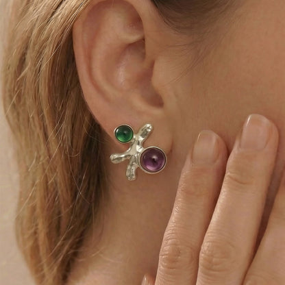 B廠【F058】ins小眾輕奢設計感紅綠寶石幾何耳環歐美跨國時尚耳環不鏽鋼鍍金
 26.02-1