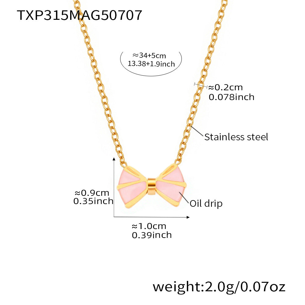 B廠【TXP315】不鏽鋼新款飾品粉紅色蝴蝶結耳環戒指手鍊項鍊腳鍊套裝 25.07-3