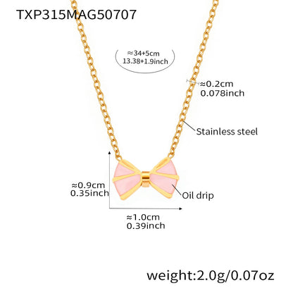 B廠【TXP315】不鏽鋼新款飾品粉紅色蝴蝶結耳環戒指手鍊項鍊腳鍊套裝 25.07-3