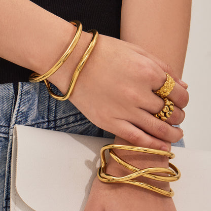 B廠【Z592】韓版ins簡約雙圈弧形開口手鐲小眾設計高級感不鏽鋼鍍18k真金手鐲
 26.01-4