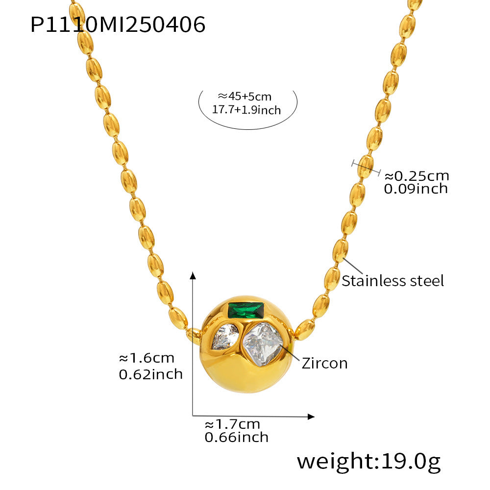 B廠【P1110】歐美飾品不鏽鋼圓珠鑲捷克水鑽吊墜米珠鎖骨項鍊PVD鍍18k金 25.04-2