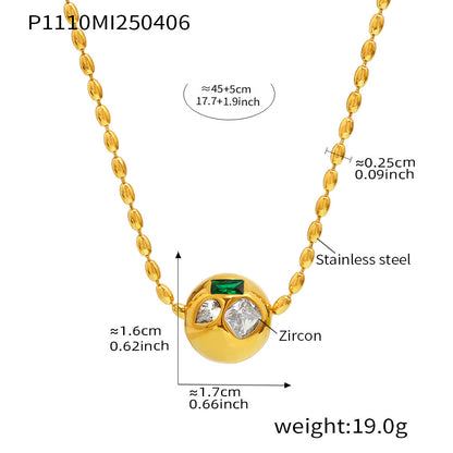 B廠【P1110】歐美飾品不鏽鋼圓珠鑲捷克水鑽吊墜米珠鎖骨項鍊PVD鍍18k金 25.04-2