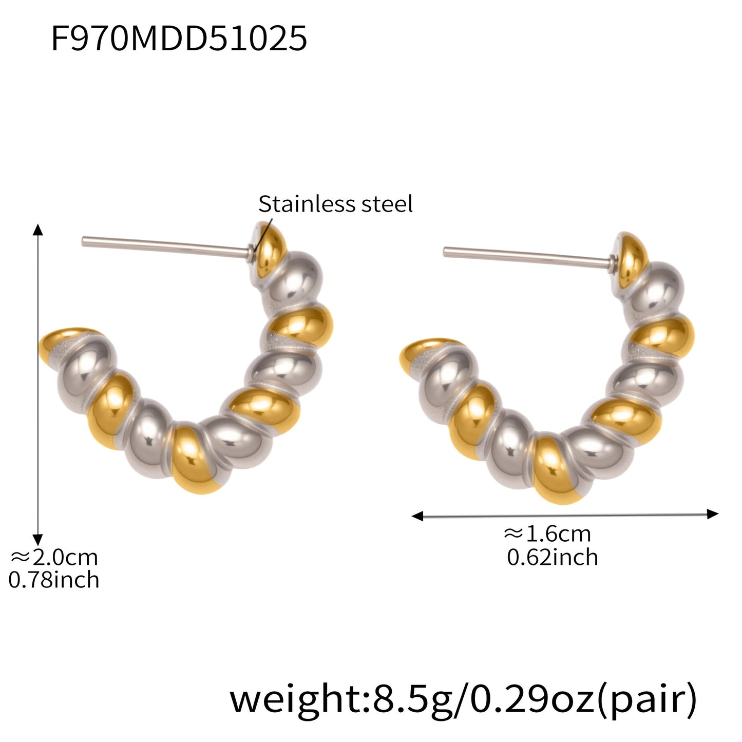 B廠【F970】不鏽鋼重工螺紋麻花形狀耳環拼色間電鍍18k金簡約新潮耳環
 25.10-5