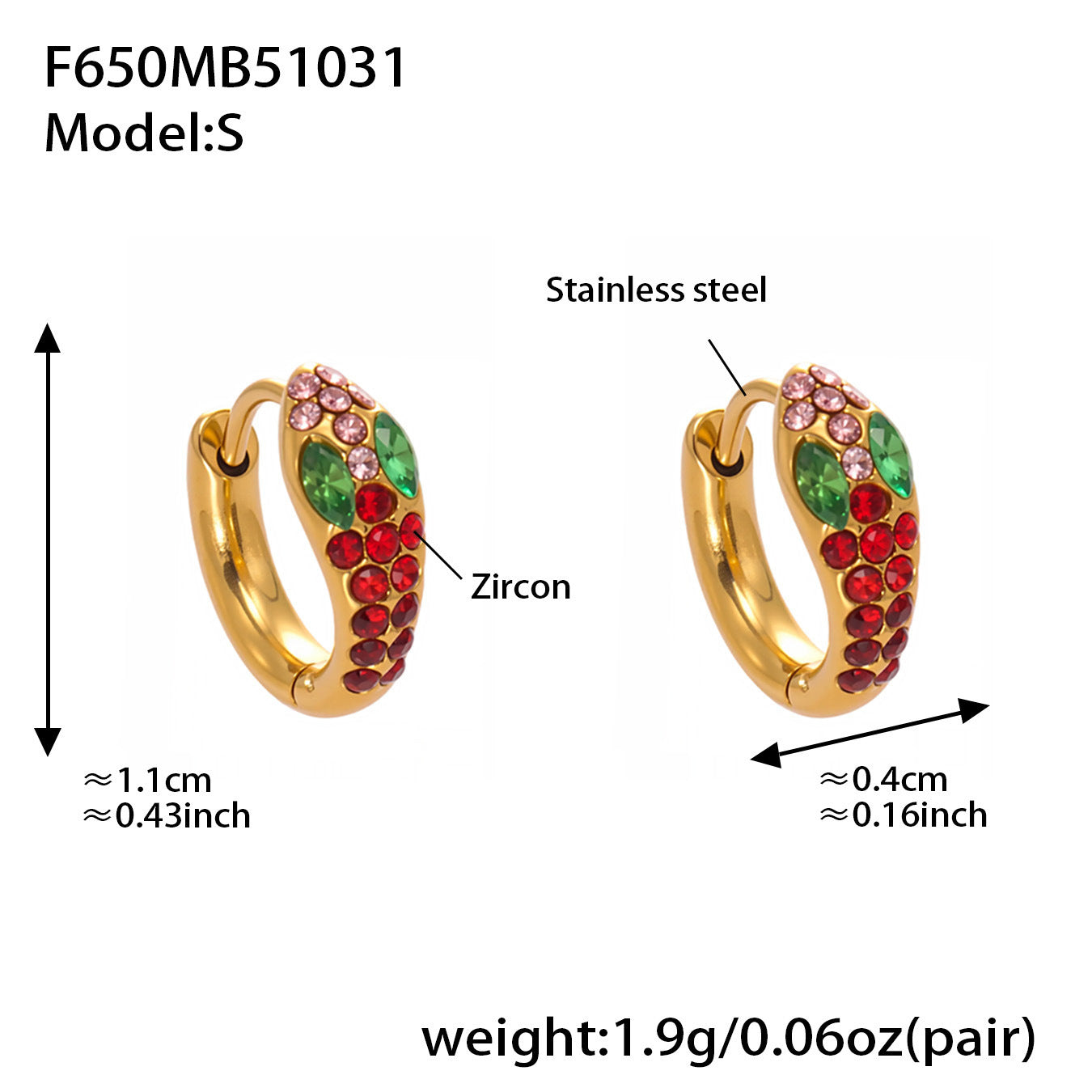 B廠【F650】彩色鋯石U形耳環不鏽鋼鍍18k真金蛇形滿鑽輕奢時尚百搭耳飾
 25.11-1