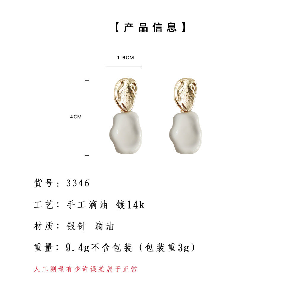 C廠【3346】法式奶白色滴釉鍍14K耳環女小眾不規則幾何時尚簡約百搭耳飾 25.07-4