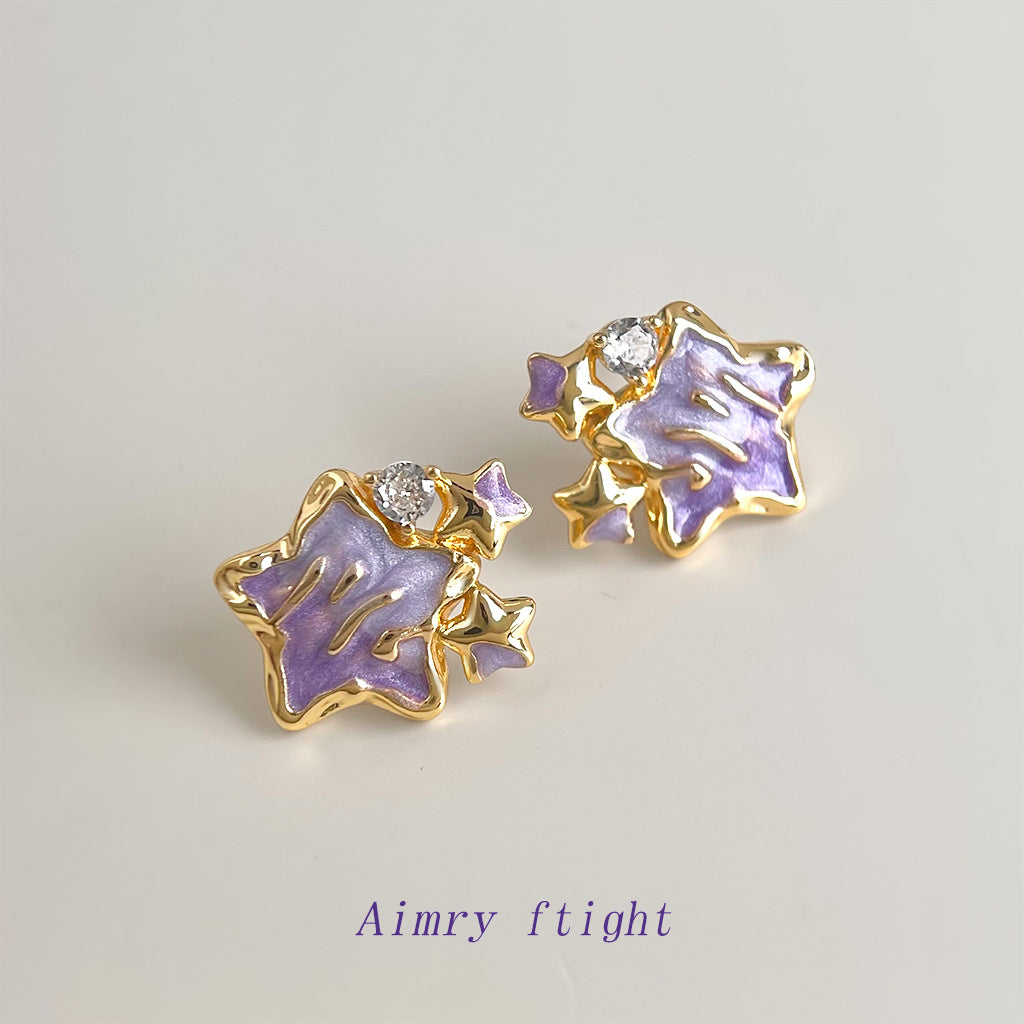 A廠【7200】原創琺瑯彩繪滴釉漸變色 925銀針鑲嵌鋯石紫色星星耳環個性耳飾女
 25.12-1