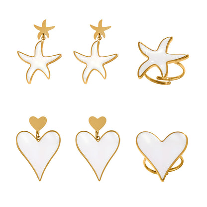 B廠【TXF410】天然貝殼滴油大小愛心耳環戒指不鏽鋼材質跨境熱銷時尚飾品
 25.10-1