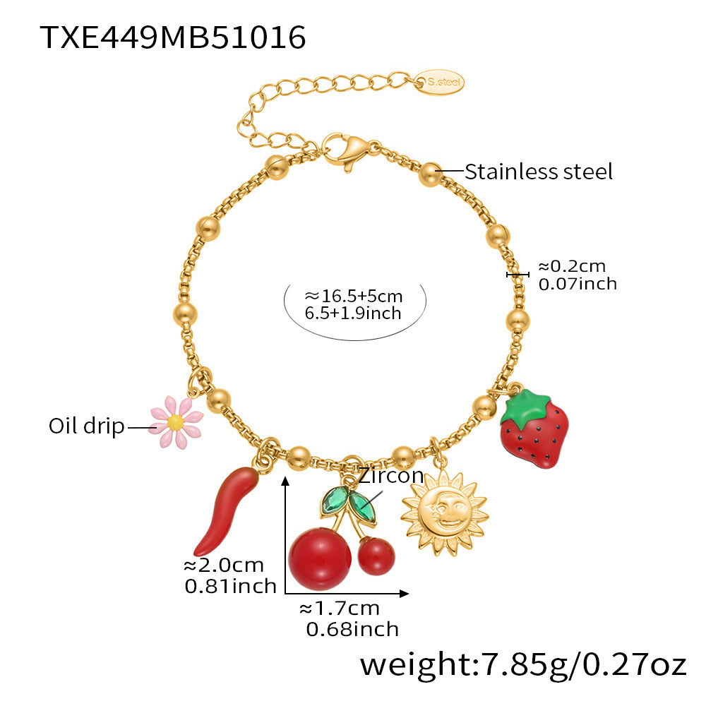 B廠【TXP449】櫻桃滴油小菊花手鍊項鍊diy不鏽鋼鍍18K金歐美百搭珠寶首飾
 25.10-4