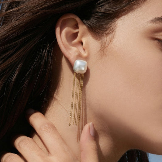 B廠【F1294】不鏽鋼幾何貝珠流蘇耳環鍍18k真金 歐美跨國時尚氣質百搭式耳環
 25.12-4