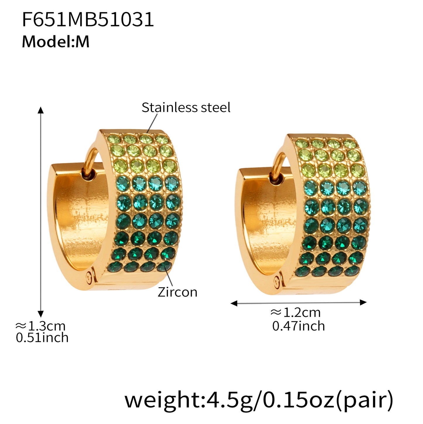 B廠【F651】彩鑽四排鋯石精緻卡扣耳環不鏽鋼鍍18k金時尚百搭個性耳飾
 25.11-1