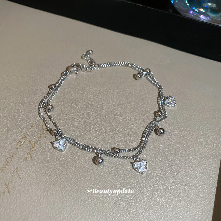 A廠【HB4791】18k真金電鍍鋯石雙層愛心吊墜手鍊時尚百搭手環輕奢高級感手飾女
 25.10-4