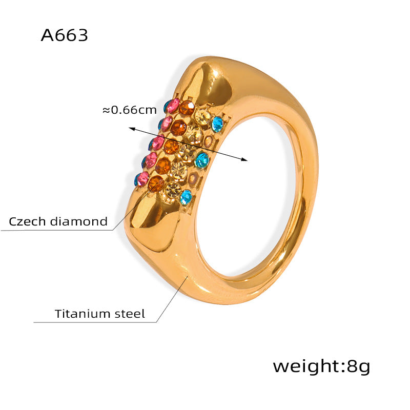 B廠【A663】ins風鑲彩色鋯石時尚指環光面設計鈦鋼鍍金對戒簡約通勤百搭戒指 24.01-2