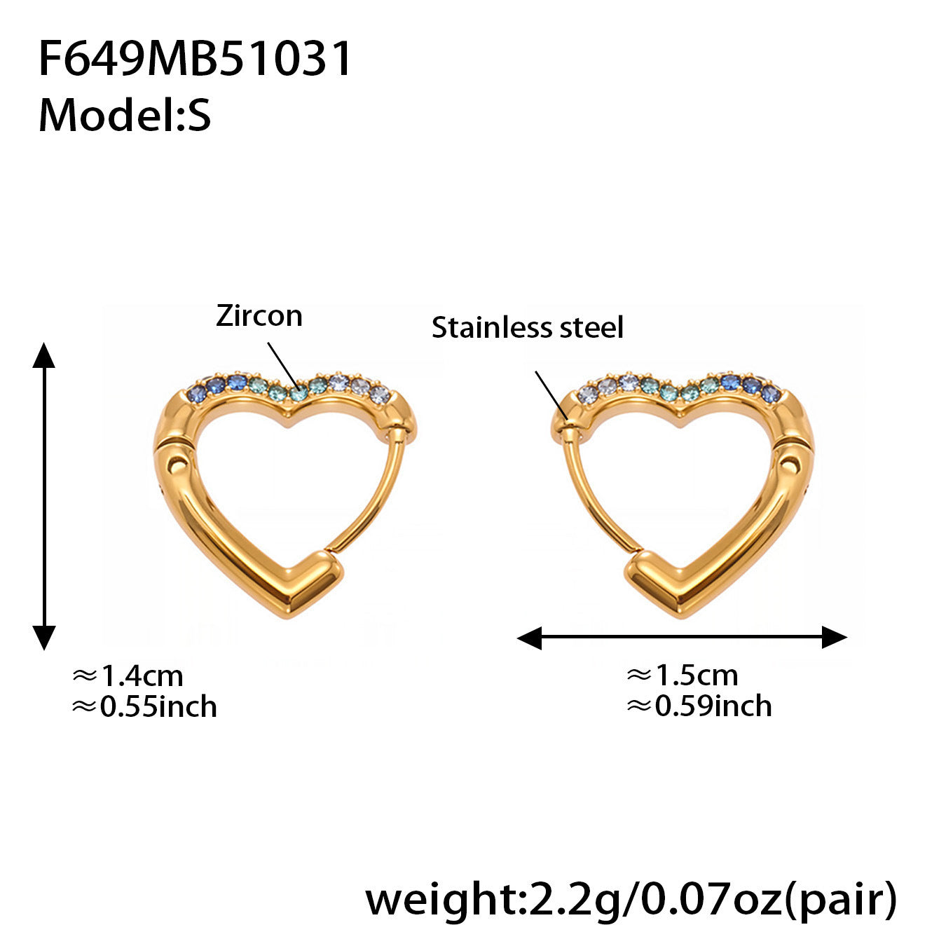 B廠【F649】跨境新款愛心彩色鋯石耳環耳環不鏽鋼鍍18k金時尚百搭耳飾
 25.11-1