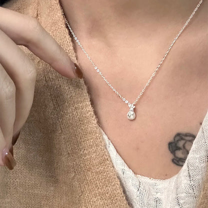 E廠【DQ1076N】S999純銀國風拉絲小福袋項鍊女精緻設計感蝴蝶結錢袋鎖骨鏈潮
 25.09-1