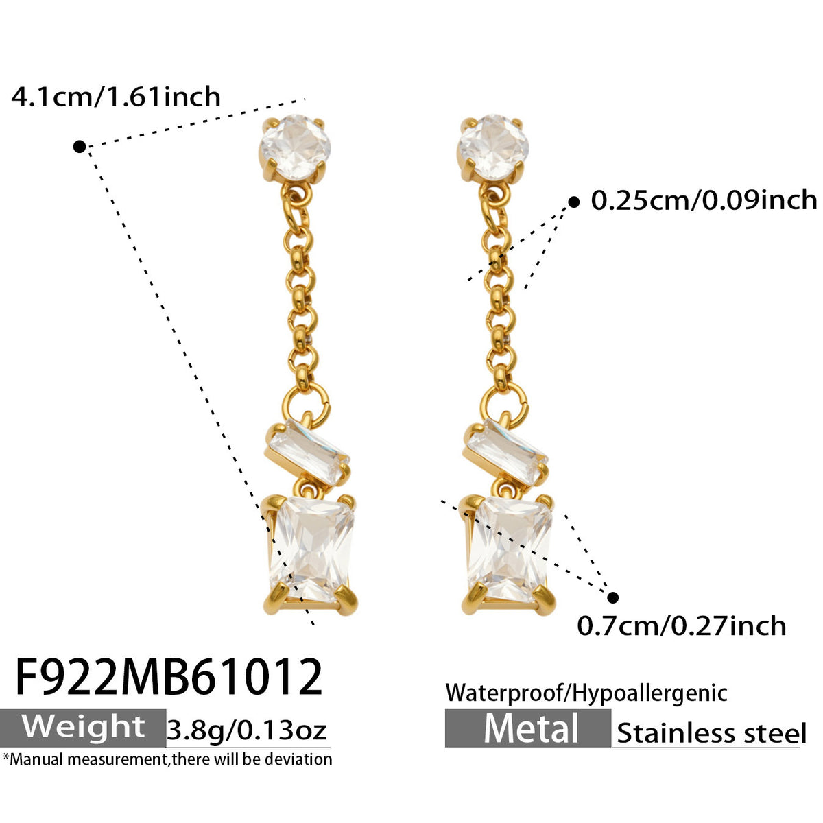 B廠【F922】方塊多巴胺鋯石不鏽鋼鍍18k金流蘇長款耳環
 26.10-4