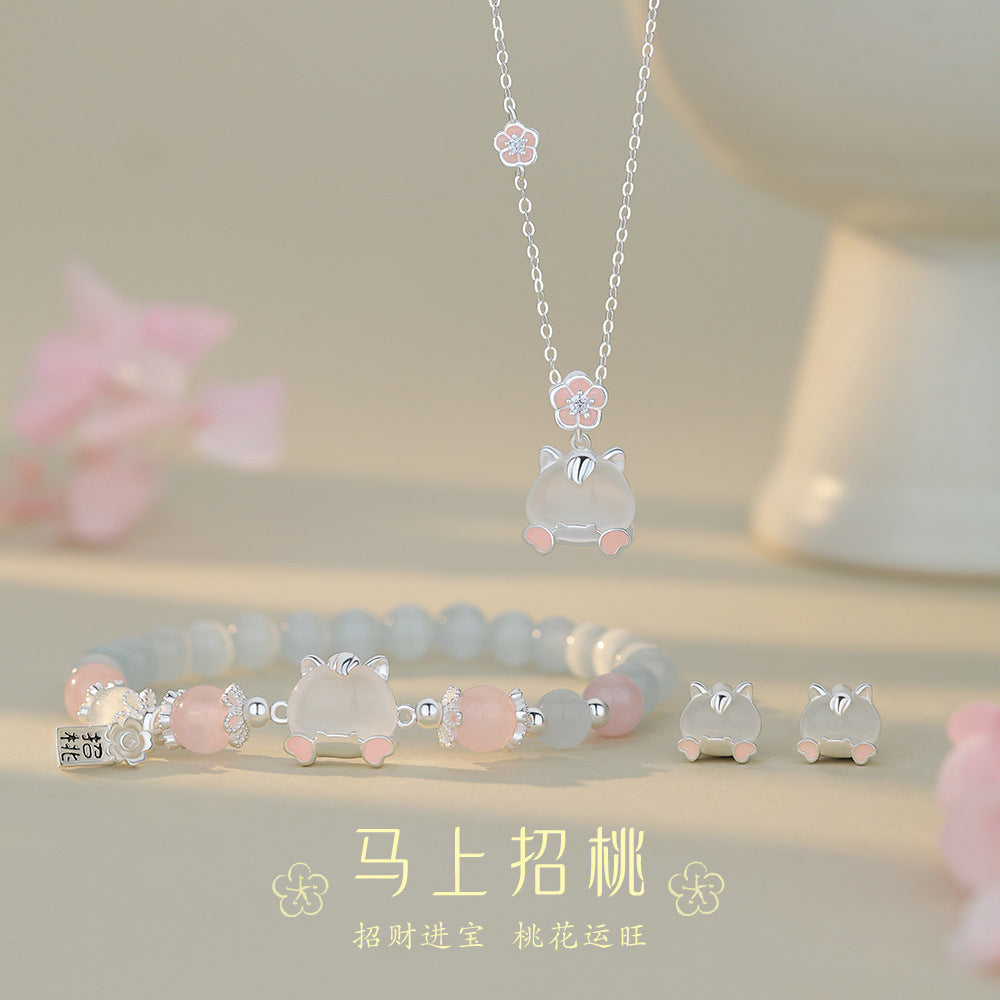 D廠【YC3405N】原創足銀S999馬上招桃項鍊氣質耳環清新手鍊百搭小眾精緻首飾
 26.01-1