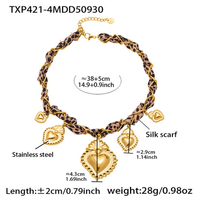 B廠【TXP421】歐美復古絲巾不銹鋼多愛心吊墜項鍊手鍊設計小眾首飾套裝女
 25.10-3
