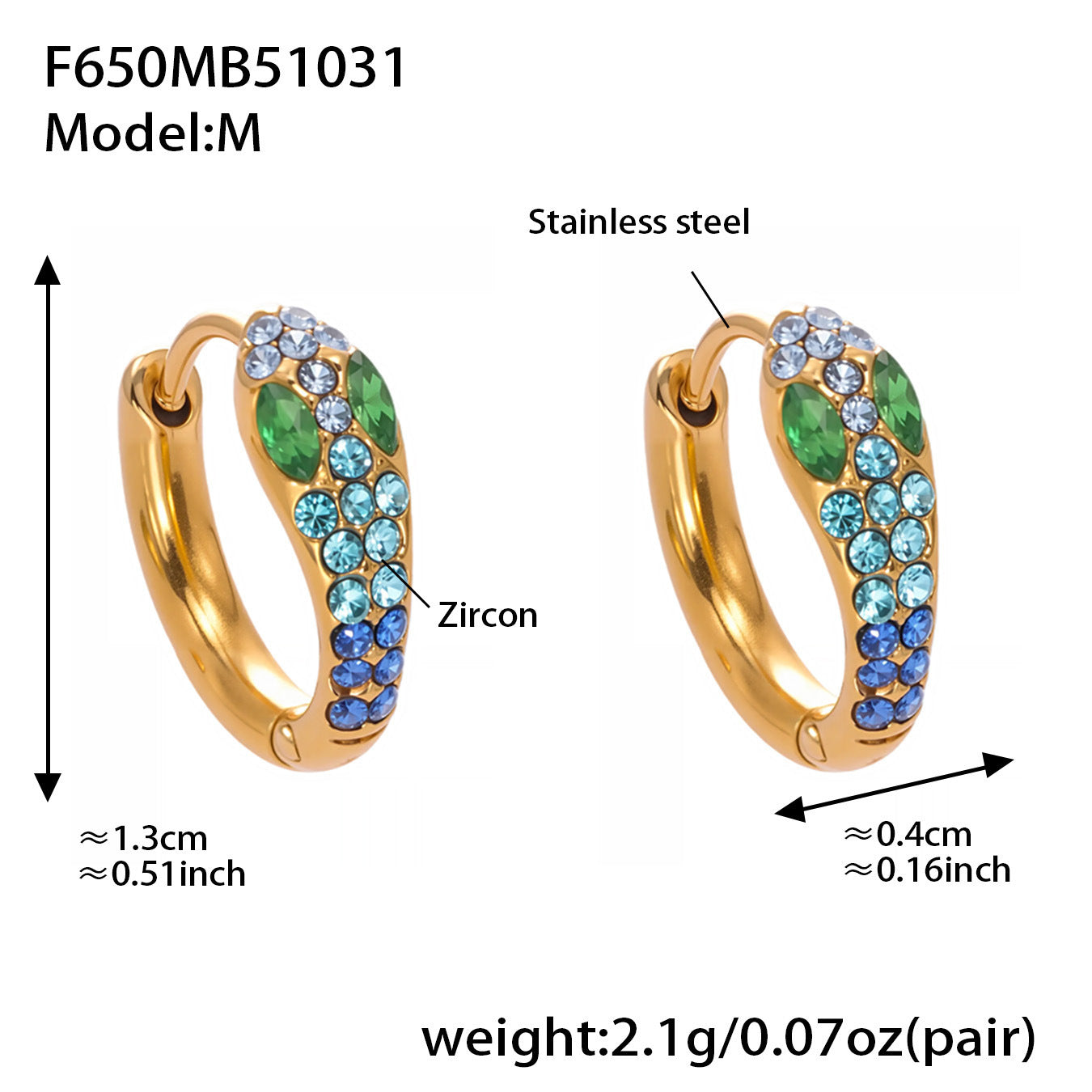 B廠【F650】彩色鋯石U形耳環不鏽鋼鍍18k真金蛇形滿鑽輕奢時尚百搭耳飾
 25.11-1