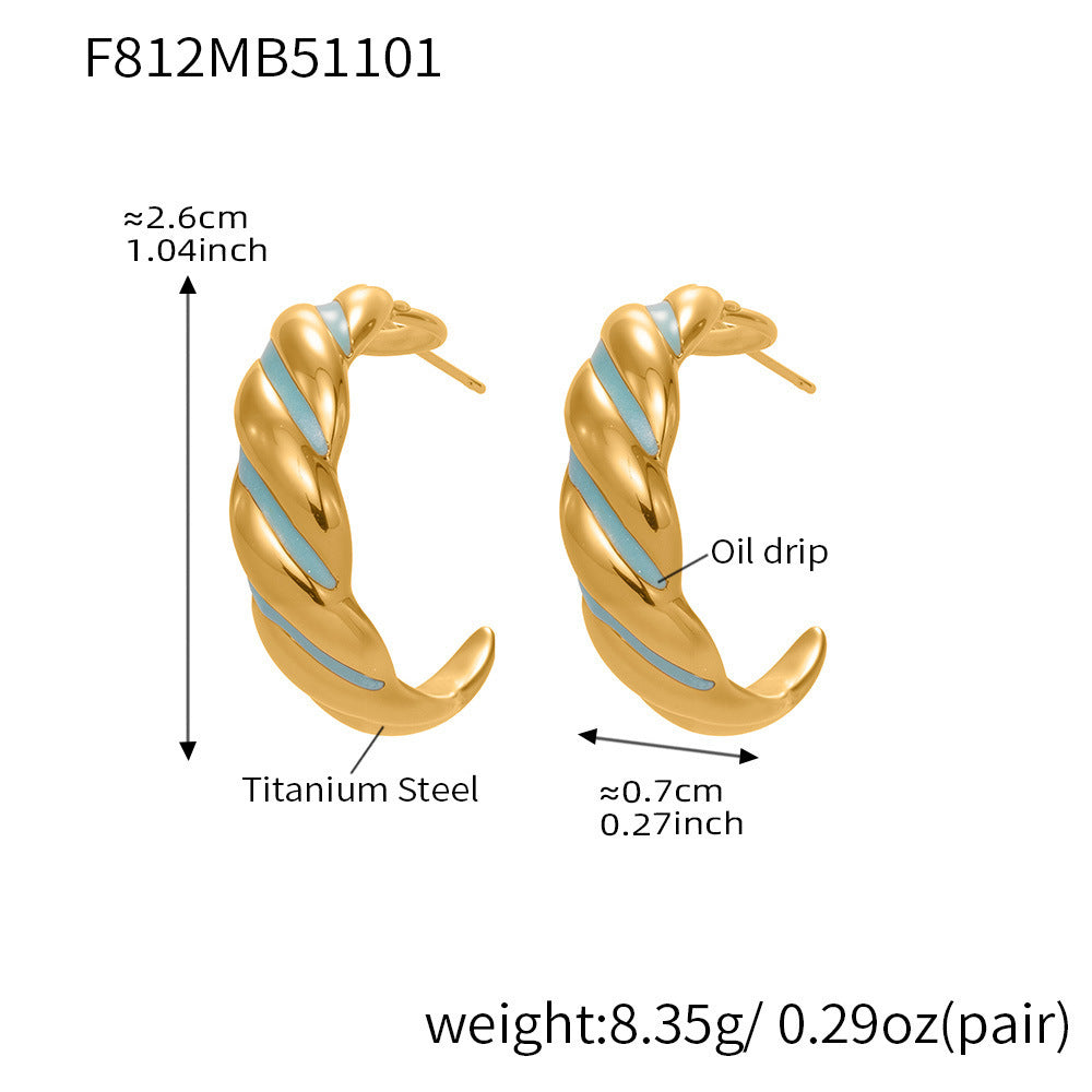B廠【F812】新款不鏽鋼幾何扭紋滴油耳環琺瑯彩釉時尚個性耳飾鍍18k金
 25.11-1