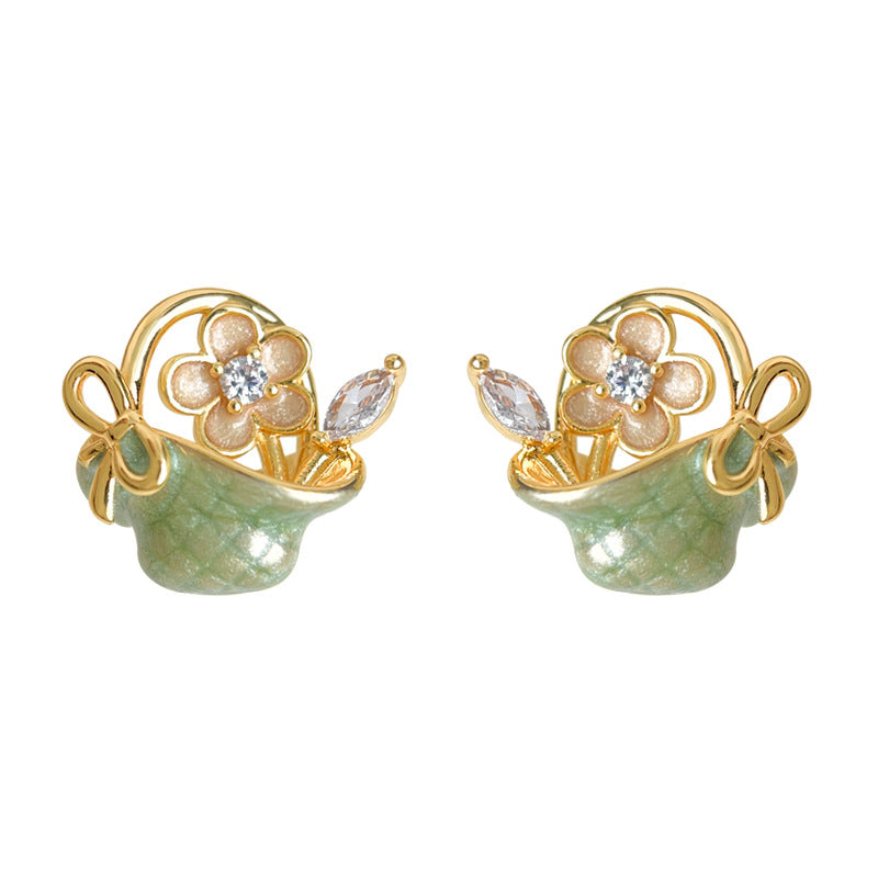 C廠【6987】原創森系花籃手工彩繪琺瑯滴釉s925銀針微鑲鋯石耳環田園風耳飾女
 25.10-5