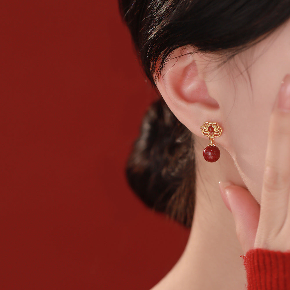 D廠【YC4114E】純銀S925如意南紅硃砂耳環氣質國風古風精美個性溫柔百搭耳飾
 26.01-1