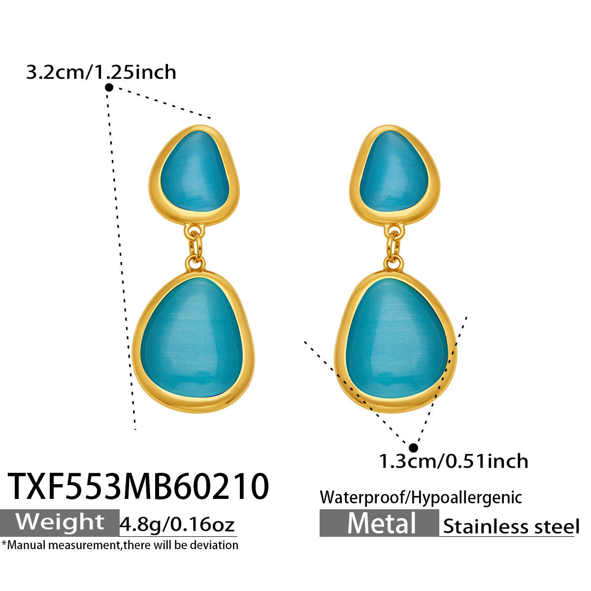 B廠【TXP553】歐美輕奢橢圓貓眼石項鍊手鍊耳環不鏽鋼鍍18k金首飾套裝
 26.10-4