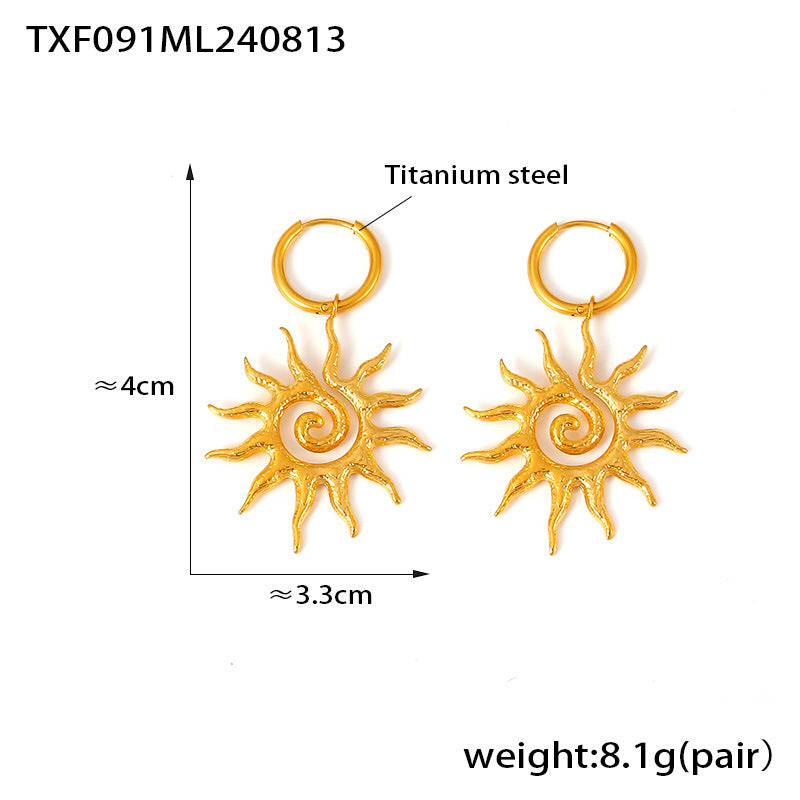 B廠【F091】歐美跨國螺旋太陽吊墜項鍊INS風時尚耳環輕奢感鈦鋼鍍18k真金飾品 24.09-1
