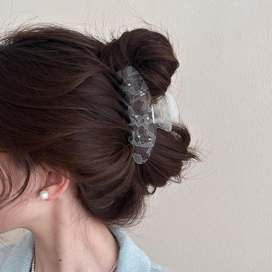 C廠【X69】韓系蕾絲水鑽抓夾女款2026新款後腦勺盤髮鯊魚夾髮夾百搭頭飾髮飾
 26.04-1