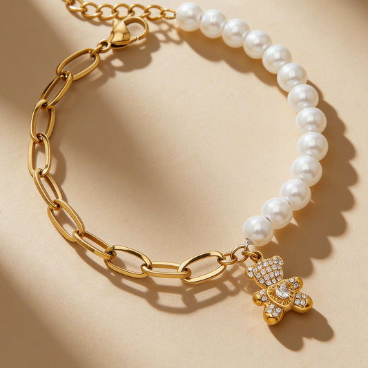 B廠【E153】不鏽鋼愛心小熊鑲鋯石吊墜手工貝珠手鍊手指鍊組合手上鍍18k真金
 25.12-3