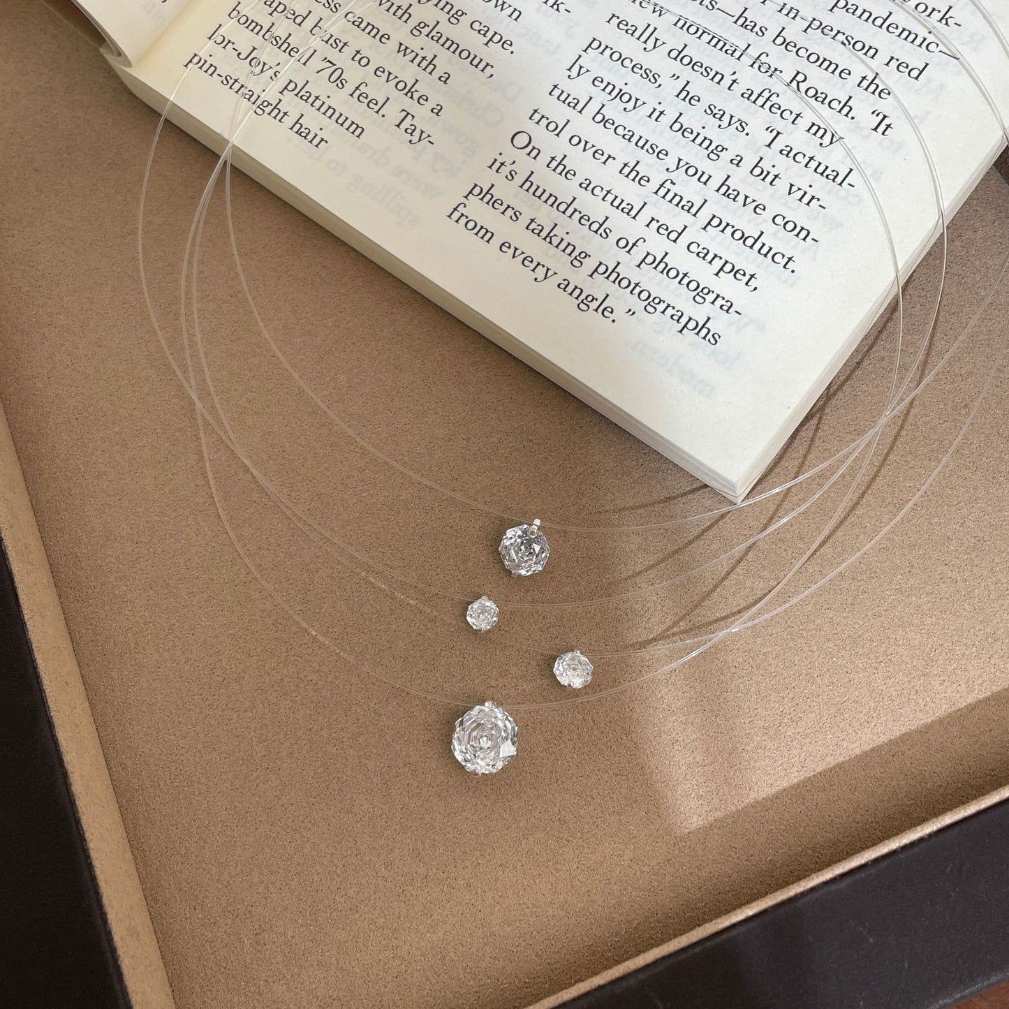 F廠【DQ2212N】S925純銀精緻玫瑰切閃鑽石耳機女人魚淚隱形魚線百搭鎖骨鏈 25.07-4