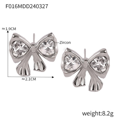 B廠【F016-P023】歐美復古桃心纏繞吊墜女金色鑲鑽蝴蝶結耳環鏤空鈦鋼項鍊耳飾 24.04-2