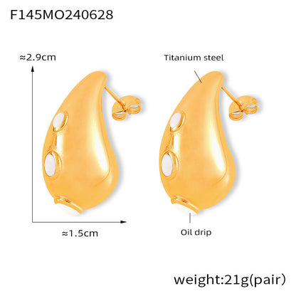 B廠【F145】歐美跨境時尚鈦鋼滴油水滴耳環ins風小眾設計感空心保色耳環飾品 24.07-1