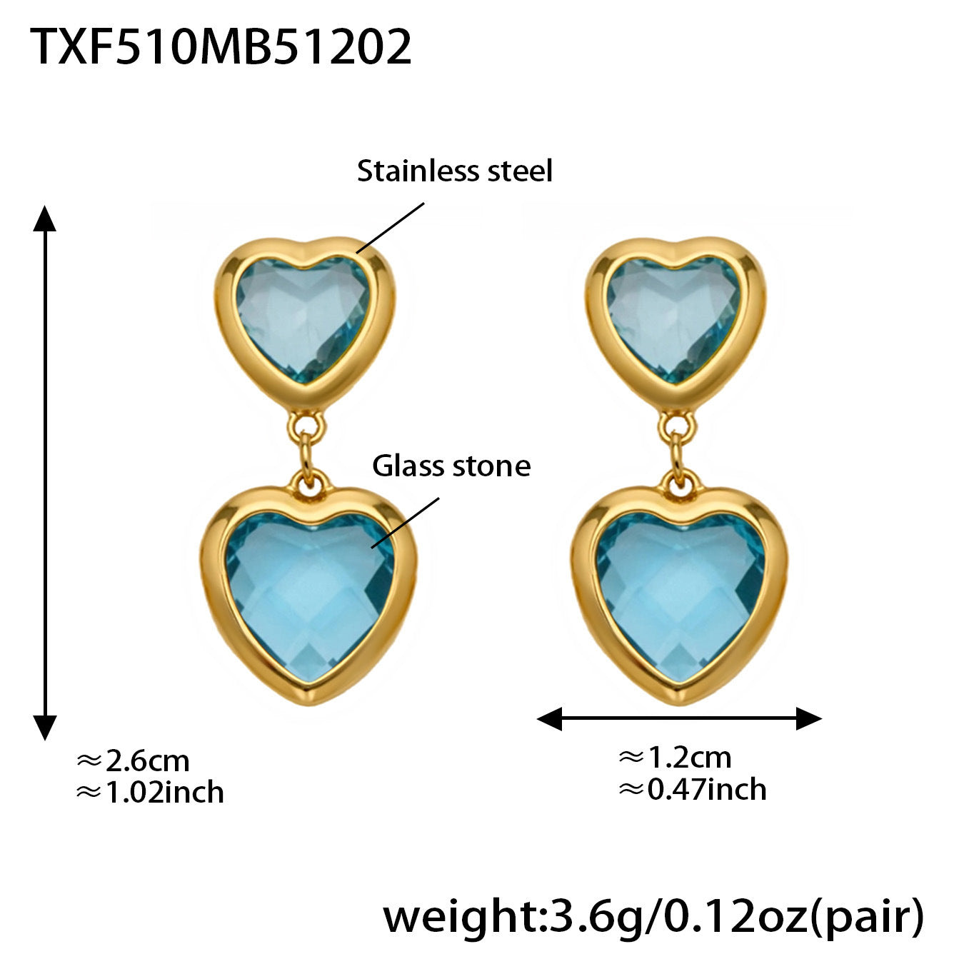 B廠【TXP510】不鏽鋼愛心切麵包邊玻璃石鋼珠項鍊手鍊耳環組鍍18k真金不掉色
 25.12-2