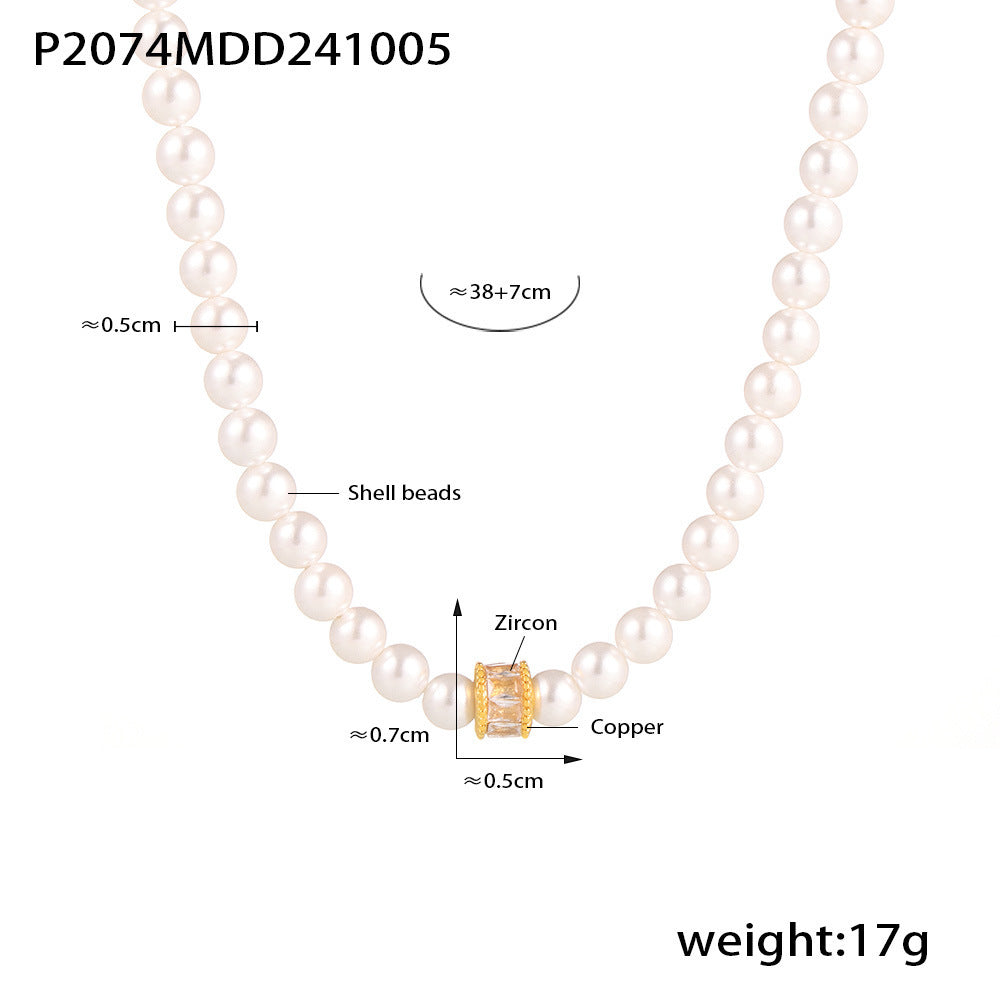 B廠【P2074】 INS風貝珠銅質鋯石吊墜手工串珠鎖骨氣質項鍊首飾現貨批發 24.10-2