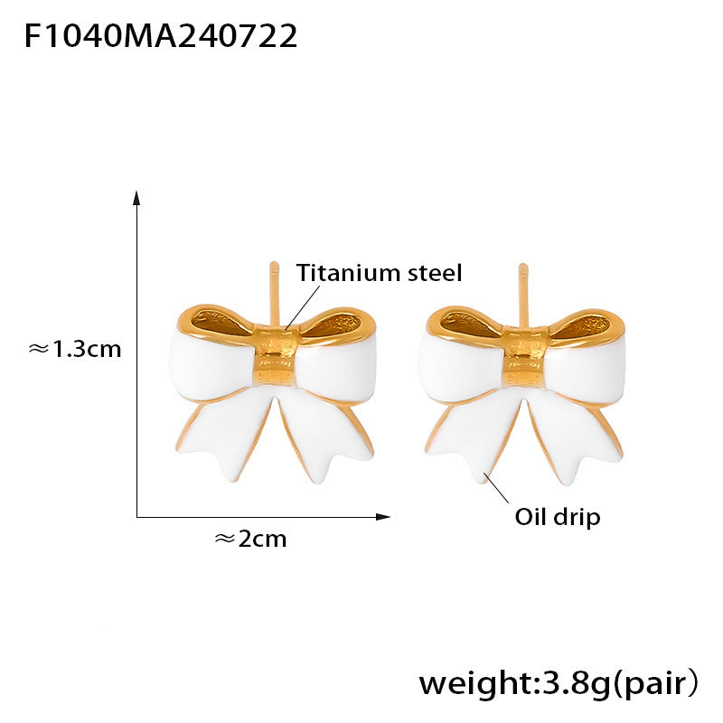 B廠【F1040】歐美風新款蝴蝶結滴油耳環小眾甜美設計鈦鋼鍍18k金小香風耳飾女 24.07-4