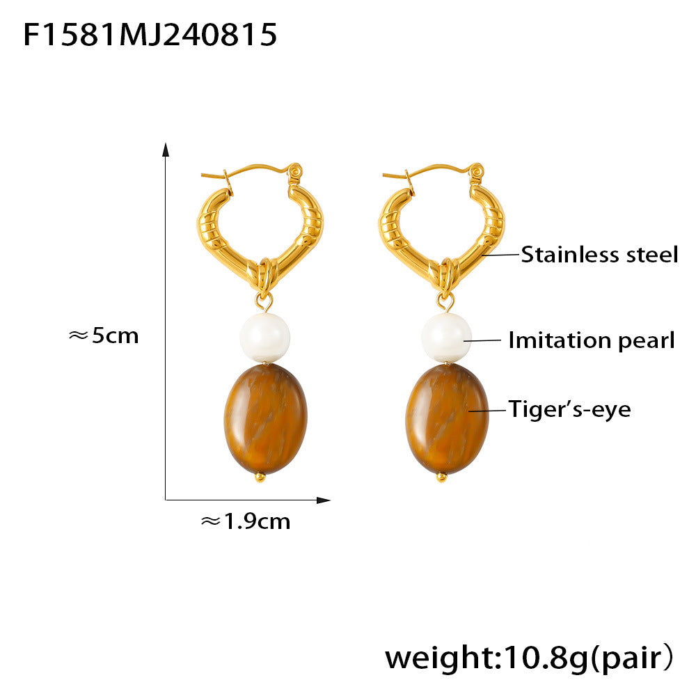 B廠【F1581】歐美跨境新款虎眼石串仿珍珠吊墜愛心耳環不鏽鋼鍍18k金小眾耳飾 24.08-4