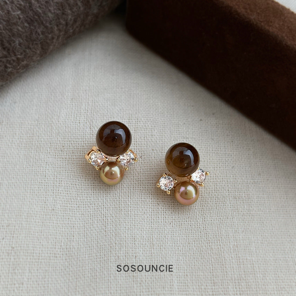 A廠【7233】美拉德風文藝復古天然石虎眼石925銀針鋯石幾何耳環新耳飾
 25.12-2