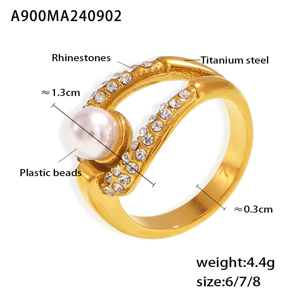 B廠【A900】時尚氣質仿珍珠鑲水鑽食指戒鈦鋼ins風戒圈指環輕奢感 24.09-2