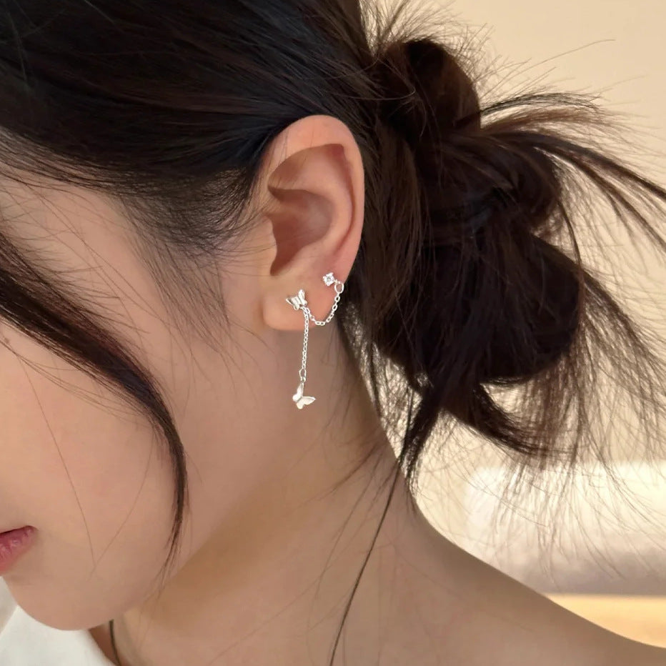 E廠【XDQ10564E】S999純銀雙耳洞蝴蝶流蘇耳環女精緻淡水珍珠長耳環耳骨釘潮
 26.04-3