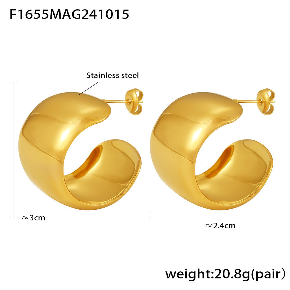 B廠【F1655】ins風時尚C型大光澤耳環不鏽鋼PVD鍍金不褪色時髦潮流耳飾 24.10-4