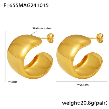 B廠【F1655】ins風時尚C型大光澤耳環不鏽鋼PVD鍍金不褪色時髦潮流耳飾 24.10-4