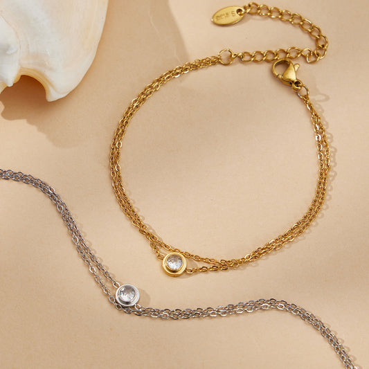 B廠【E198】不鏽鋼單鑽鋯石雙層手鍊鍍18k真金 INS冷淡風疊戴氣質新款手飾女
 25.12-3