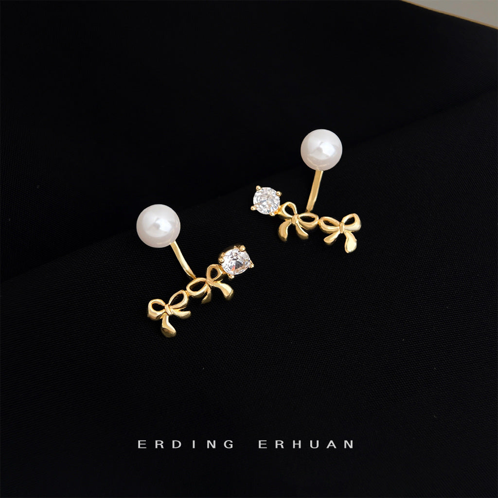 C廠【6384】設計師款~一款兩戴鋯石蝴蝶結玻璃爆款珍珠925銀針鍍14K耳環 耳飾
 25.11-1