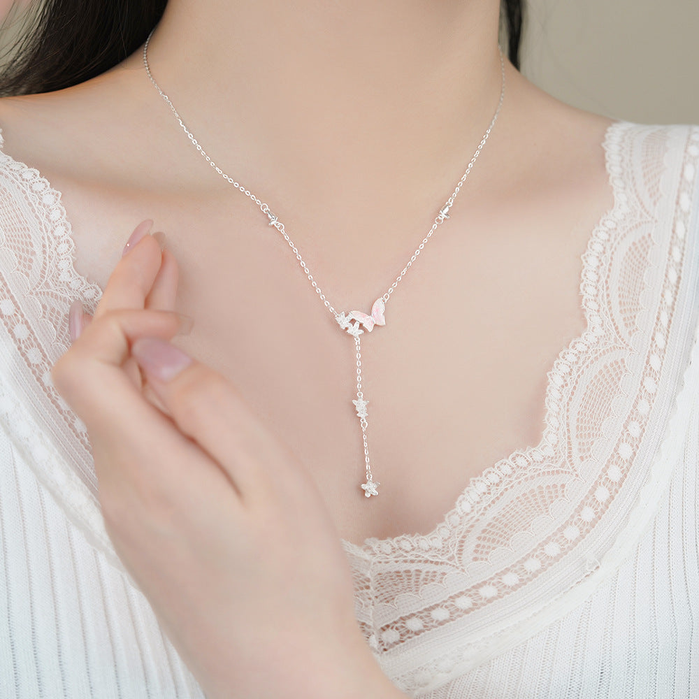 D廠【YC2185N】足銀S999滴膠蝴蝶花朵流蘇項鍊清新森系淡雅小眾顯瘦鎖骨鏈
 25.11-4