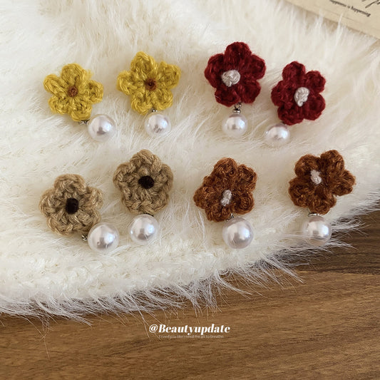 A廠【HE29266】925銀針針織花朵珍珠耳環秋冬溫柔甜美氣質耳環輕奢高級感新款耳環女
 25.11-2