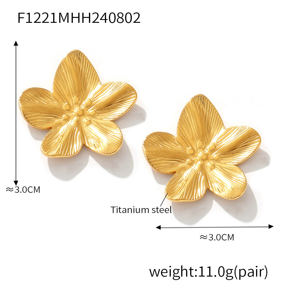 B廠【F1221】歐美跨國花朵耳環幾何不規則錘紋褶皺設計鈦鋼鍍18k真金復古耳飾 24.08-2