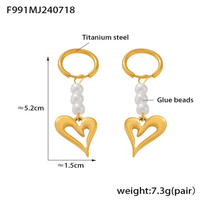 B廠【F991】跨境流蘇仿珍珠不規則愛心耳環歐美時尚個性設計鈦鋼鍍18k金耳飾 24.07-4