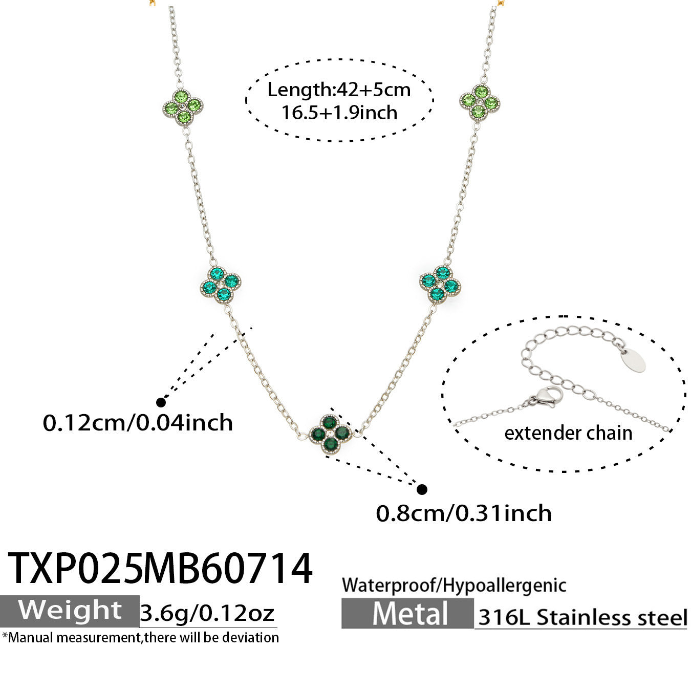 B廠【TXP025】歐美多巴胺系列四葉花不銹鋼鍍18k金 鑲嵌鋯石項鍊手鍊女飾品套裝
 26.07-4