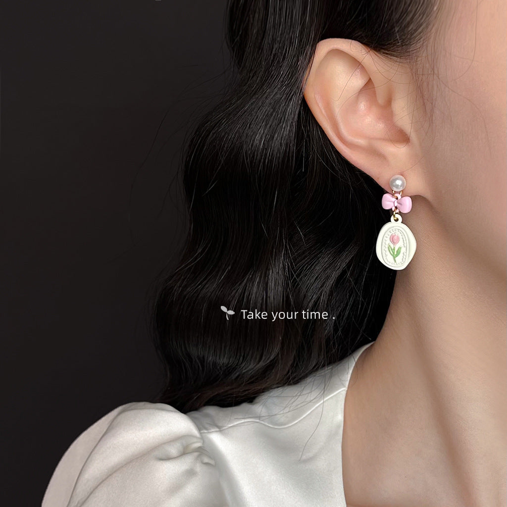 A廠【6258】小清新甜美烤漆粉紅蝴蝶結鬱金香耳環女優雅氣質長花耳環
 26.02-4